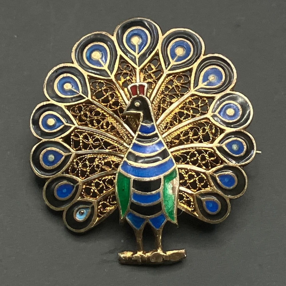 Chinese Export Peacock Brooch Silver Filigree Enamel Gold Tone READ